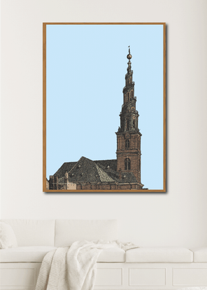 Stilren og smuk plakat af  Vor Frelsers kirkes tårn i København