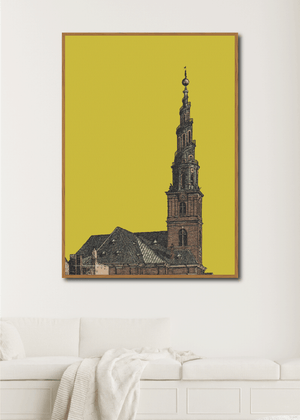 Stilren og smuk plakat af  Vor Frelsers kirkes tårn i København