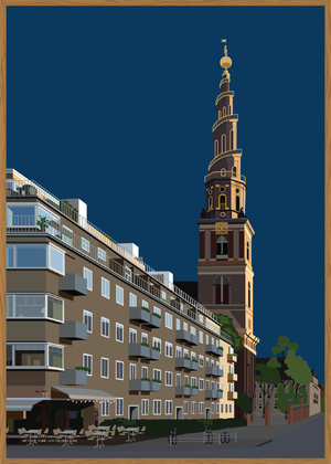Håndtegnet og stilren plakat af Vor Frelsers kirke på Christianshavn i København